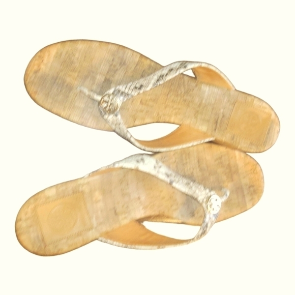 Tory Burch Suzy Cork Tan Brown Snakeskin Print Leather Wedge Thong Sandals 10.5M - Picture 3 of 8